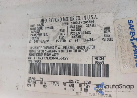 2003 Ford F150 z USA, uszkodzony, nr VIN 1FTRX17LX3NA56429